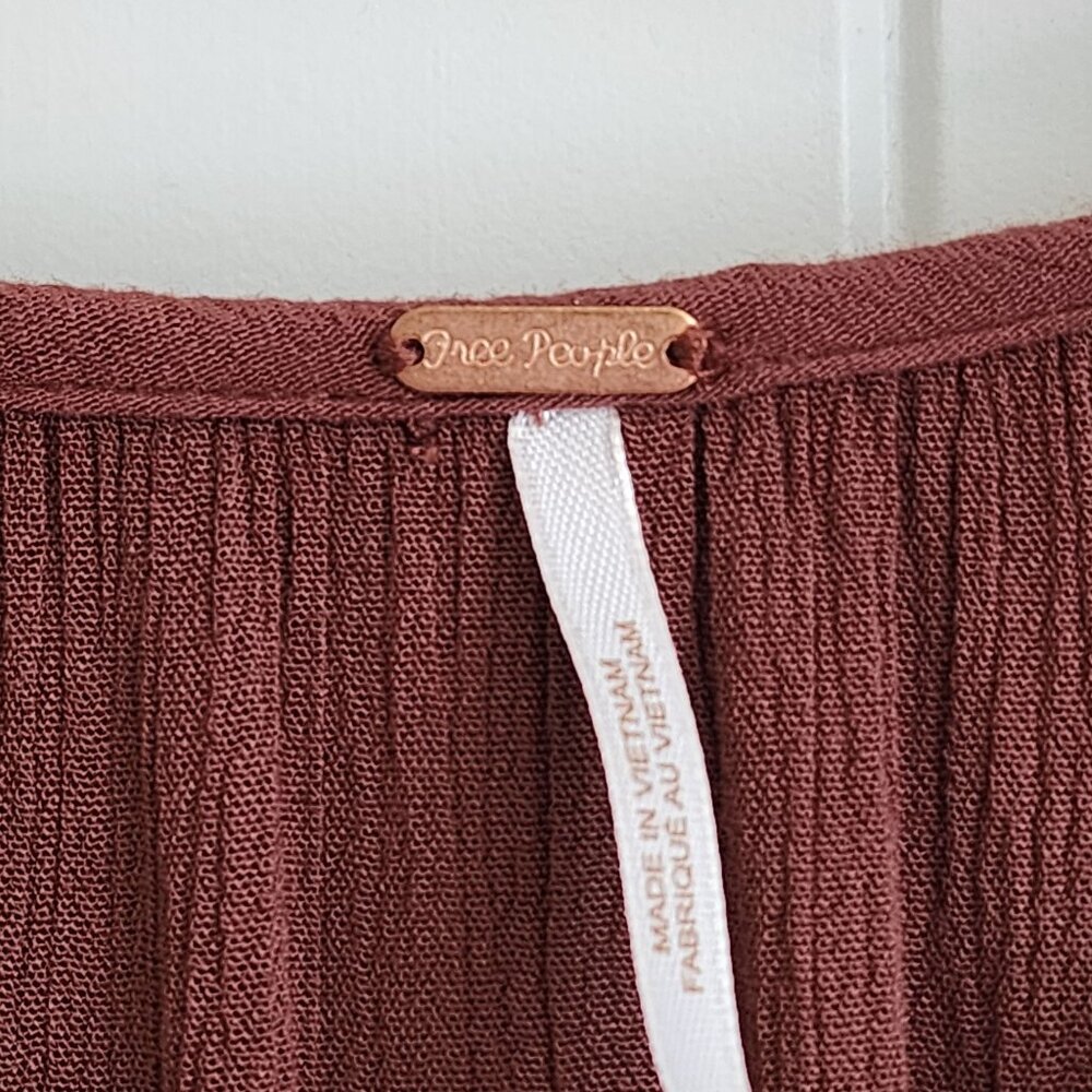 Free People Rust Brown Long-Sleeve Ruffled Maxi Dress With Tiered Skirt & Frayed